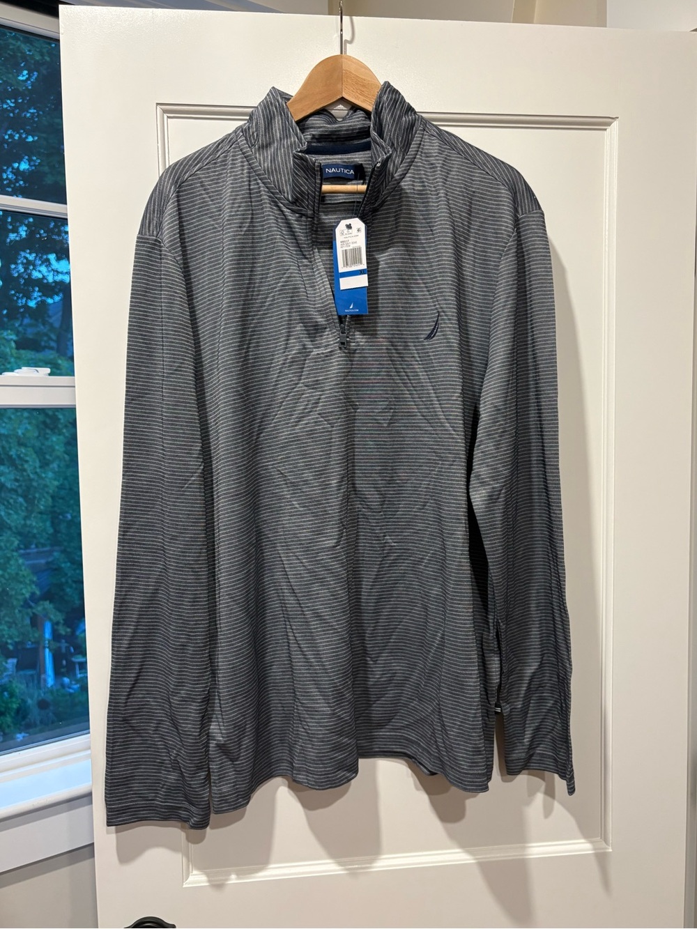 NWT Nautica Men's Navy and Grey Striped Quarter-Zip Pullover Jacket